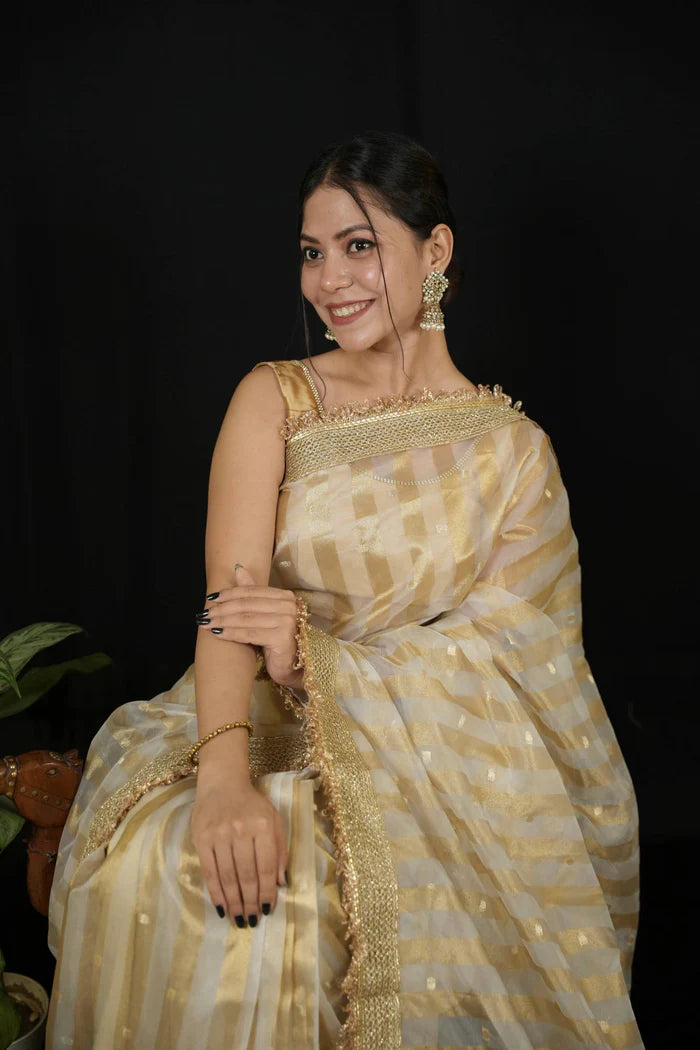 Beige Tissue Silk Saree with Golden strips Ready to wear Saree | SILK MARK CERTIFIED