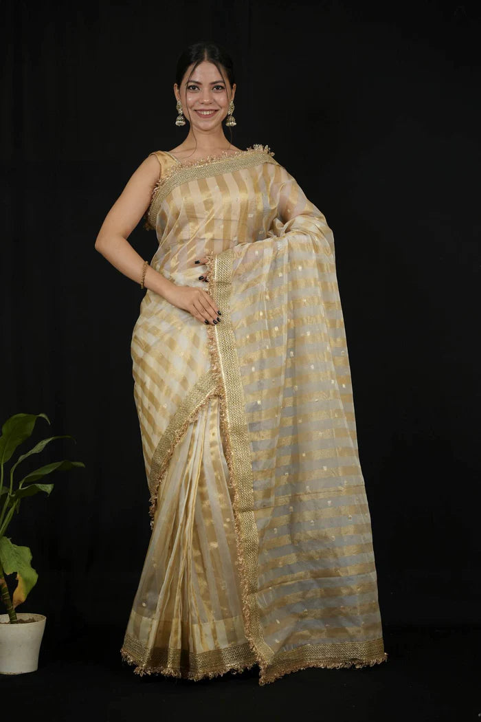 Beige Tissue Silk Saree with Golden strips Ready to wear Saree | SILK MARK CERTIFIED