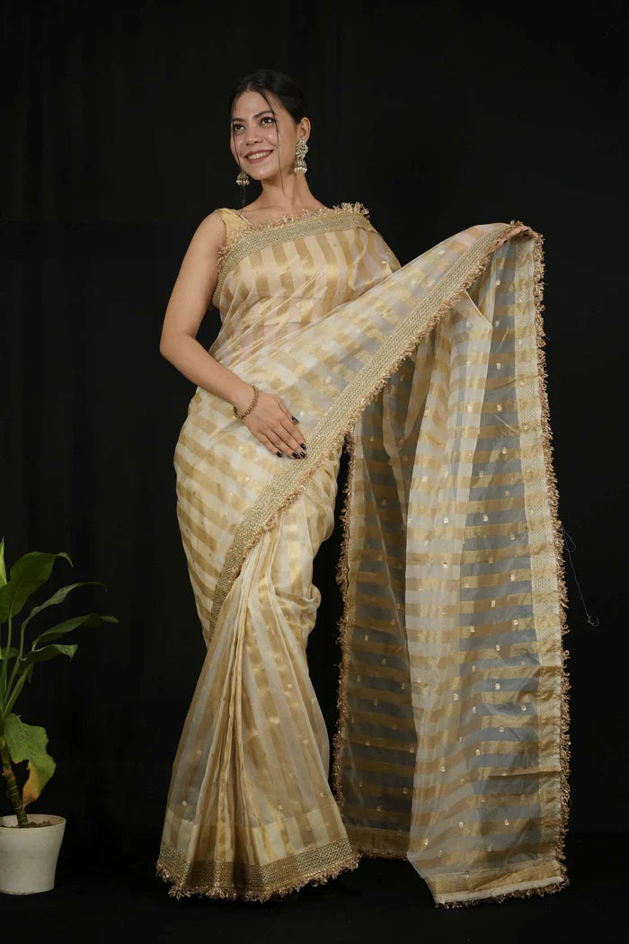 Beige Tissue Silk Saree with Golden strips Ready to wear Saree | SILK MARK CERTIFIED