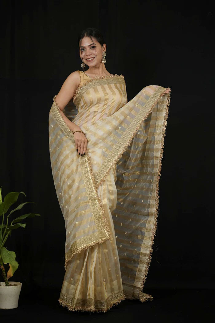 Beige Tissue Silk Saree with Golden strips Ready to wear Saree | SILK MARK CERTIFIED