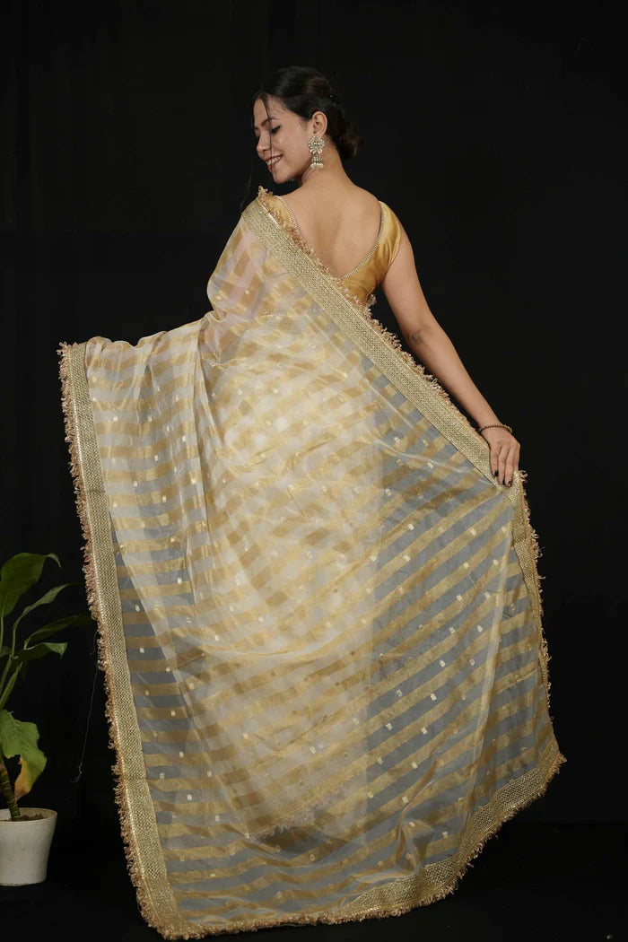 Beige Tissue Silk Saree with Golden strips Ready to wear Saree | SILK MARK CERTIFIED