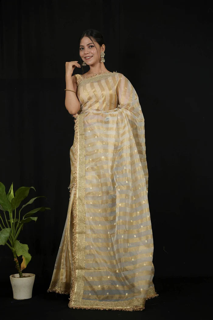 Beige Tissue Silk Saree with Golden strips Ready to wear Saree | SILK MARK CERTIFIED