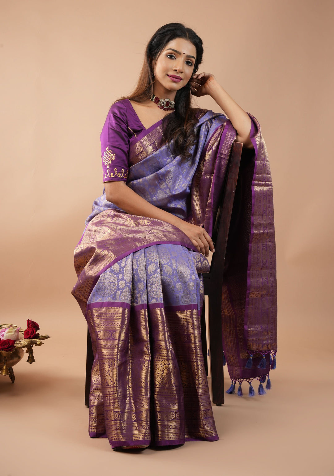 Lavender Ornate Brocade Gadwal Silk Saree with Purple wide border | SILK MARK CERTIFIED