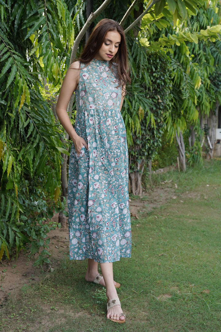 Sage Green Floral Block Print Cotton Midi Dress with pockets, Made to Order
