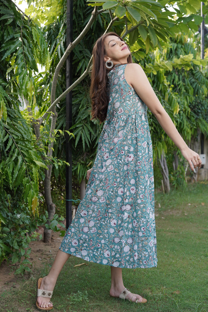 Sage Green Floral Block Print Cotton Midi Dress with pockets, Made to Order