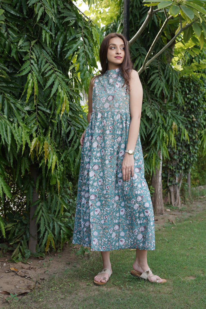 Sage Green Floral Block Print Cotton Midi Dress with pockets, Made to Order