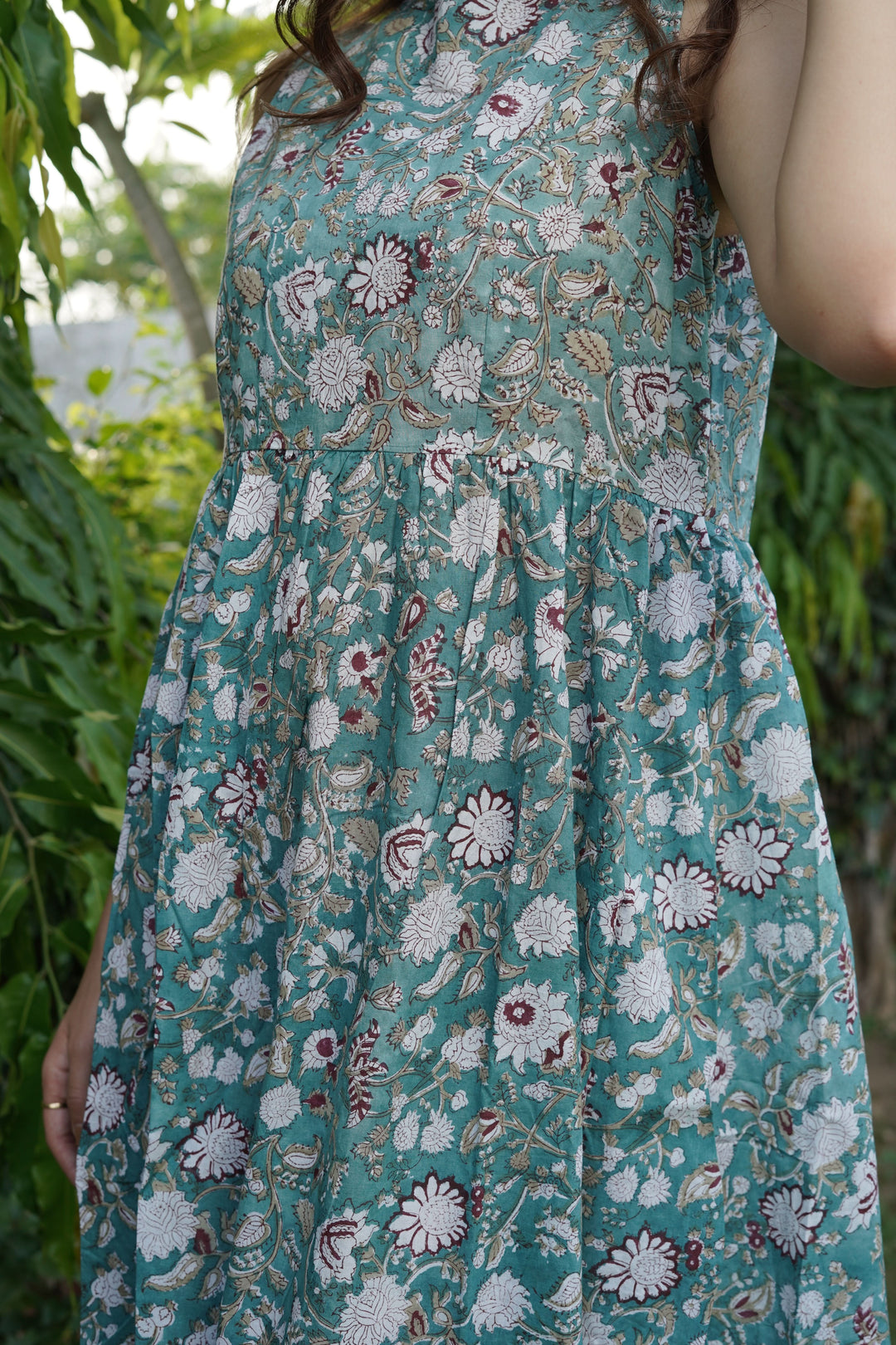 Sage Green Floral Block Print Cotton Midi Dress with pockets, Made to Order