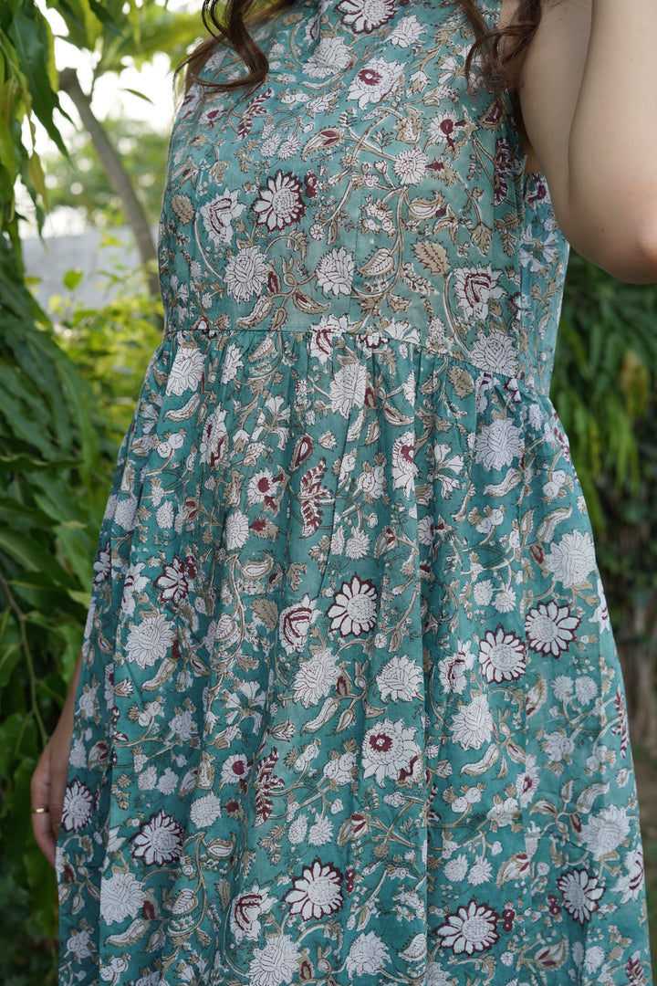 Sage Green Floral Block Print Cotton Midi Dress with pockets, Made to Order