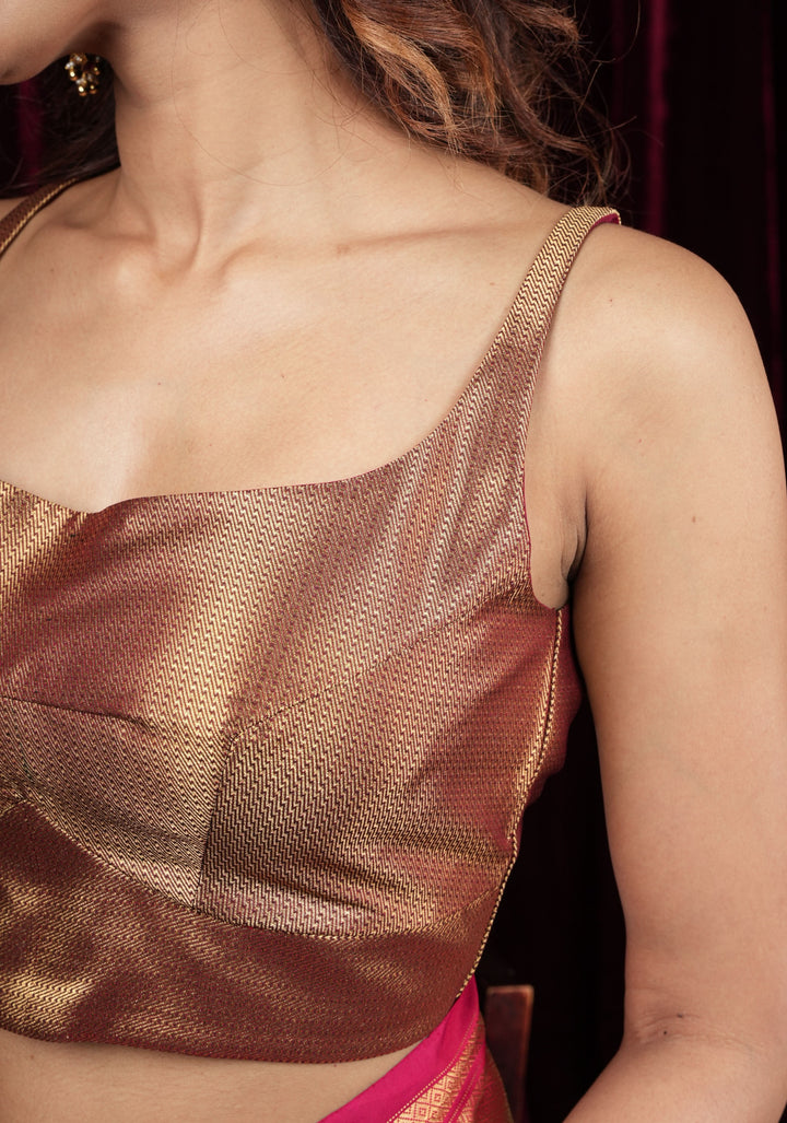 Deep Maroon and Antique Gold Brocade Scoop-neck , thin strap sleeveless blouse,  Made to Order