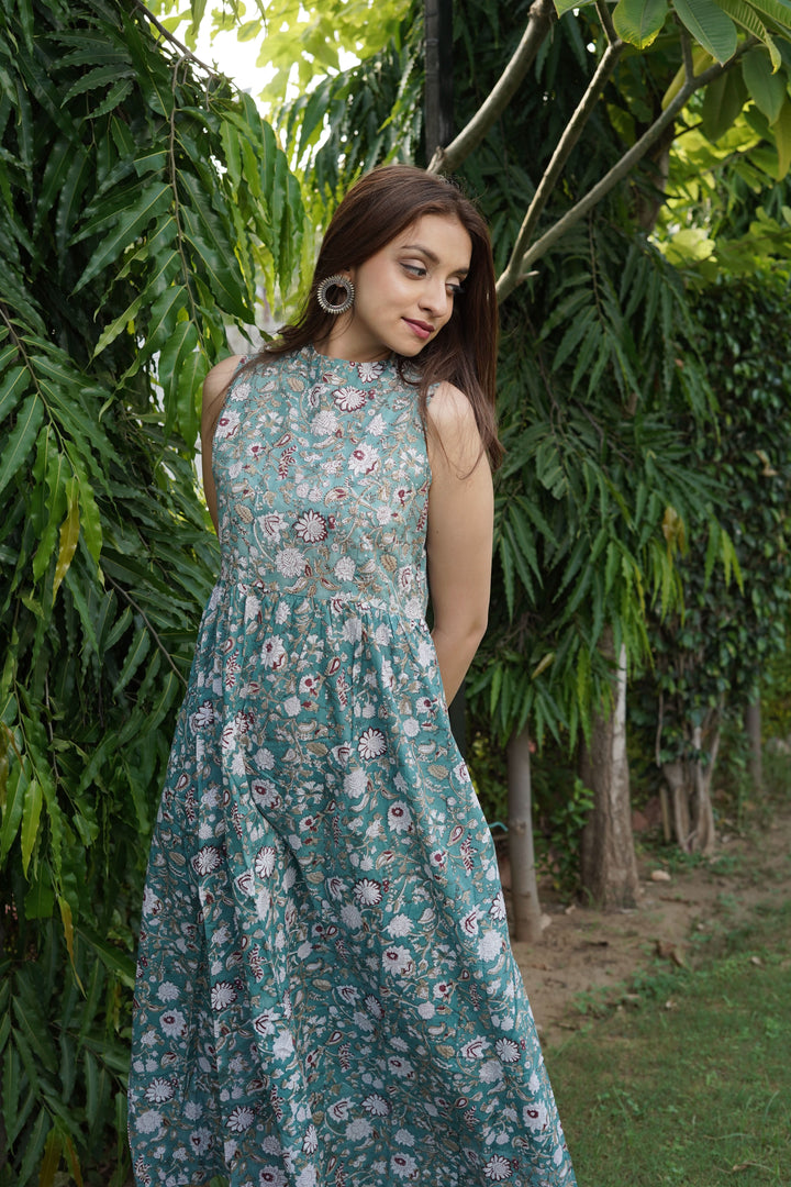 Sage Green Floral Block Print Cotton Midi Dress with pockets, Made to Order
