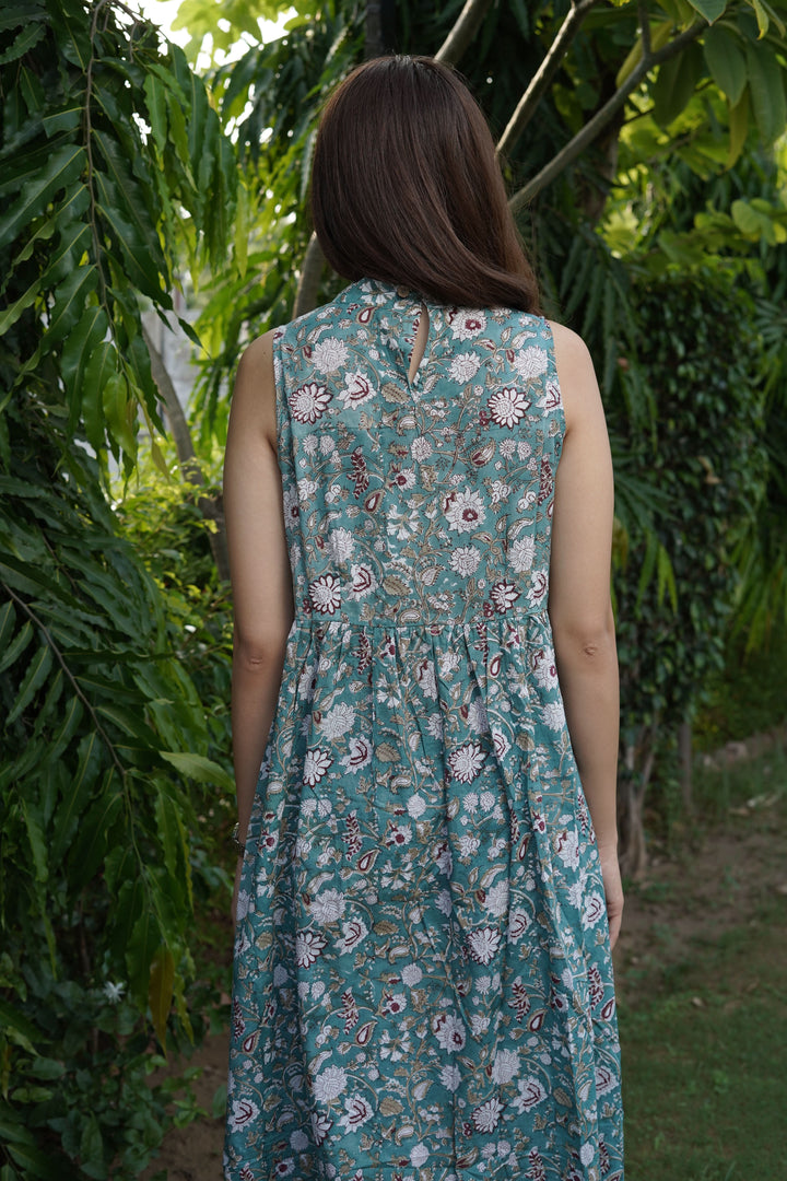 Sage Green Floral Block Print Cotton Midi Dress with pockets, Made to Order
