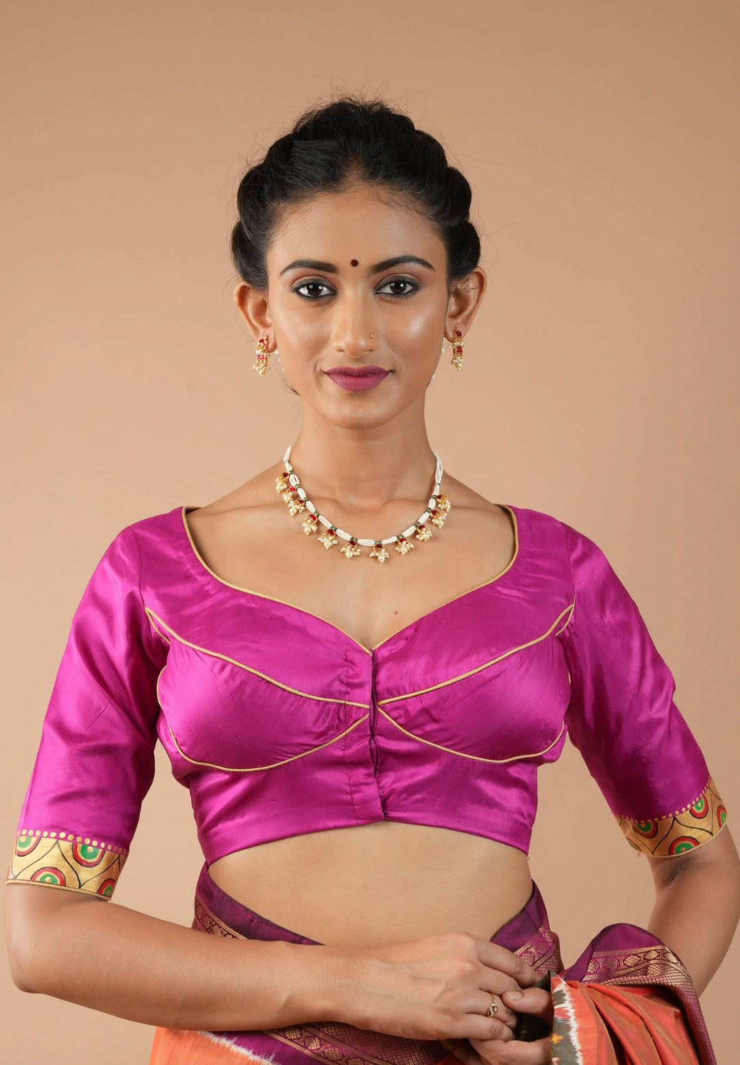 Magnificent Durga Face Tanjore Style Painting on Fuchsia Pure Silk Blouse, Customizable, Made to Order