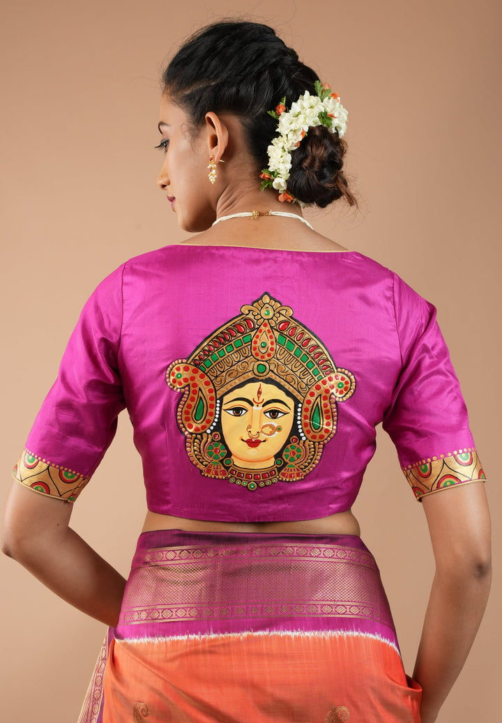 Magnificent Durga Face Tanjore Style Painting on Fuchsia Pure Silk Blouse, Customizable, Made to Order