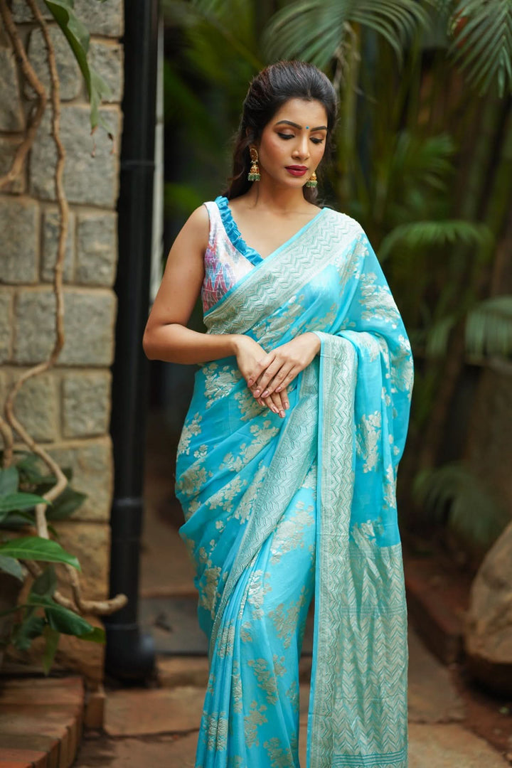 Pure Georgette Silk Banarasi Saree In Blue  with rose Jaal Weave in Silver Tone Zari | SILK MARK CERTIFIED