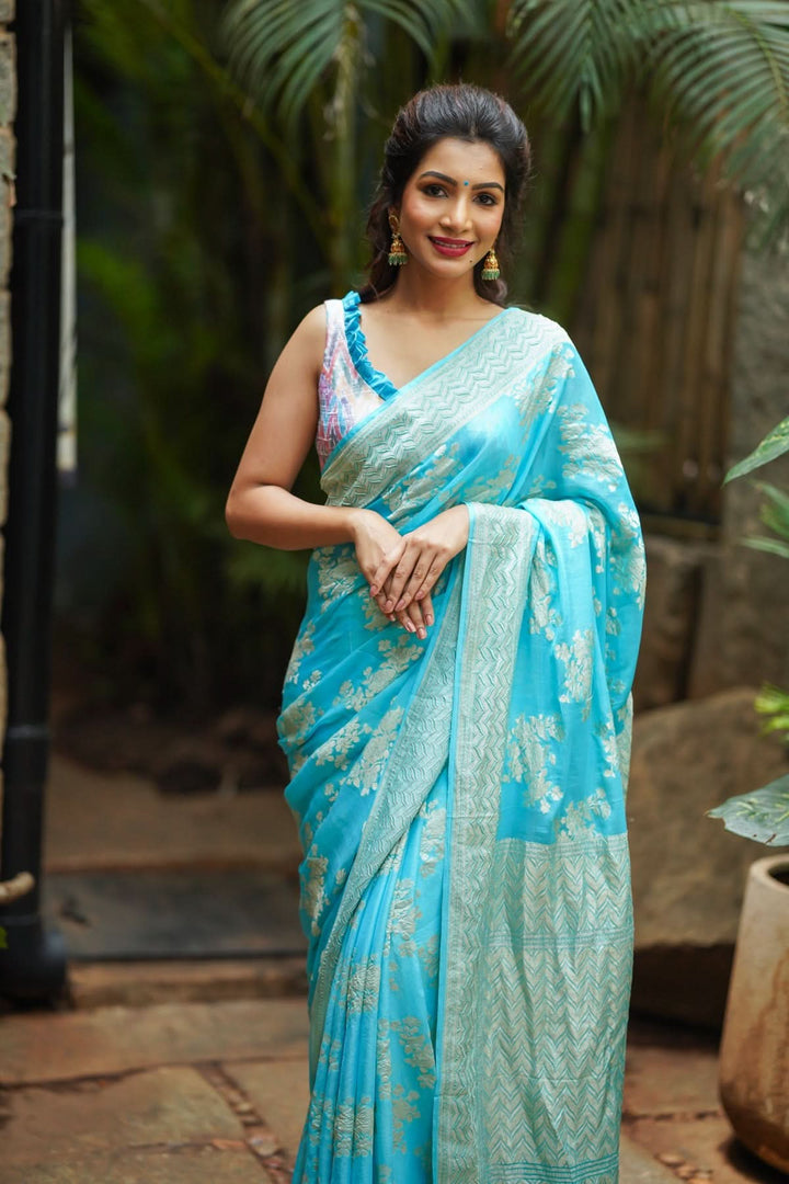 Pure Georgette Silk Banarasi Saree In Blue  with rose Jaal Weave in Silver Tone Zari | SILK MARK CERTIFIED