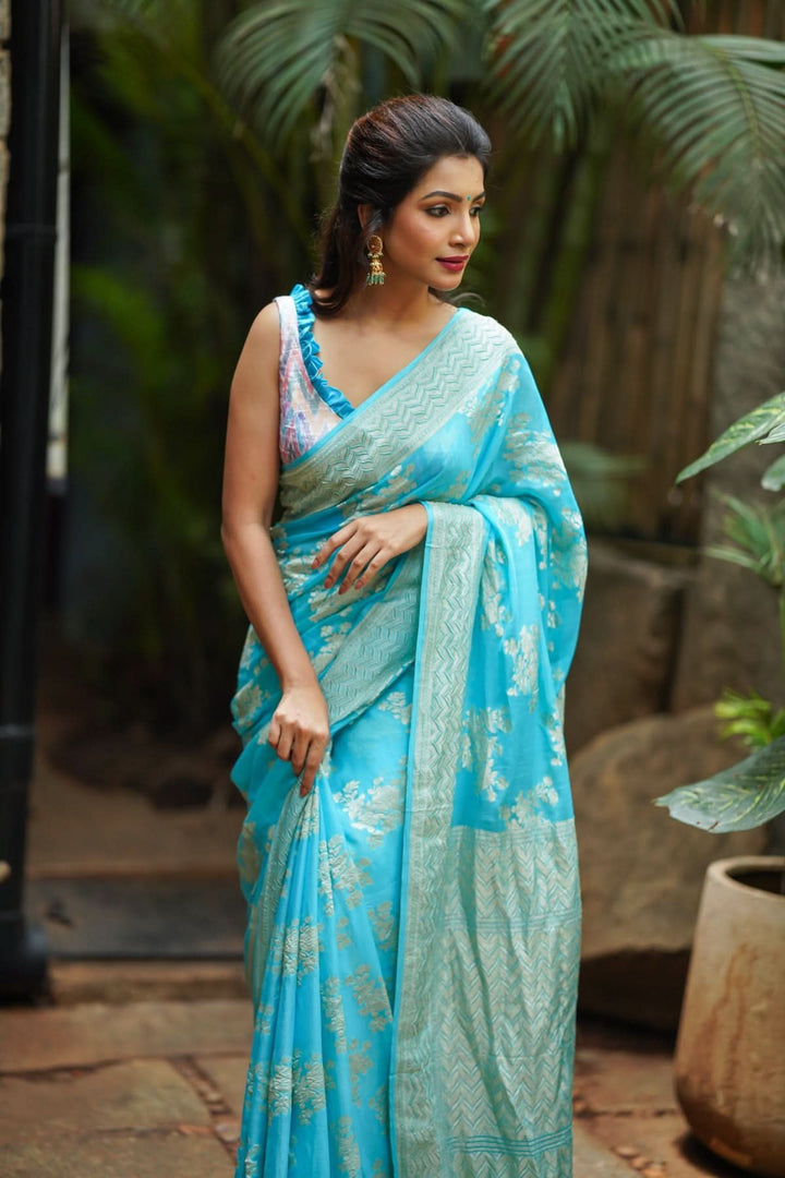 Pure Georgette Silk Banarasi Saree In Blue  with rose Jaal Weave in Silver Tone Zari | SILK MARK CERTIFIED