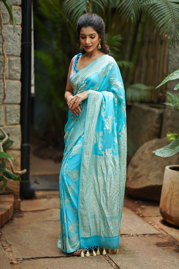 Pure Georgette Silk Banarasi Saree In Blue  with rose Jaal Weave in Silver Tone Zari | SILK MARK CERTIFIED