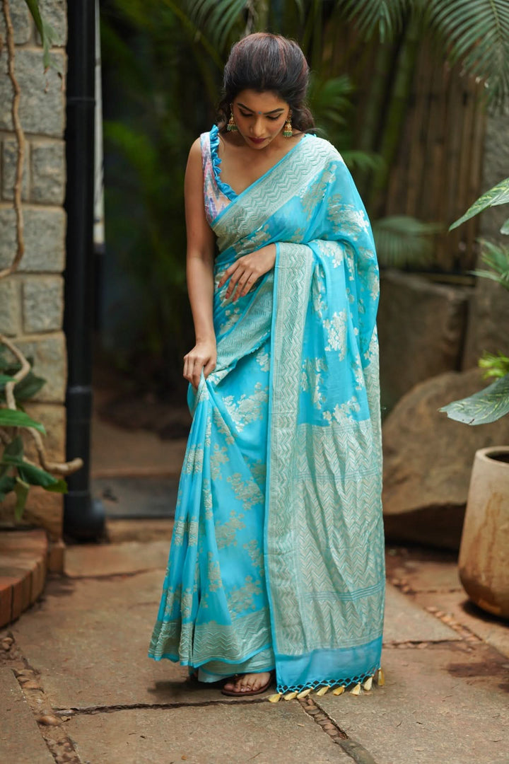 Pure Georgette Silk Banarasi Saree In Blue  with rose Jaal Weave in Silver Tone Zari | SILK MARK CERTIFIED