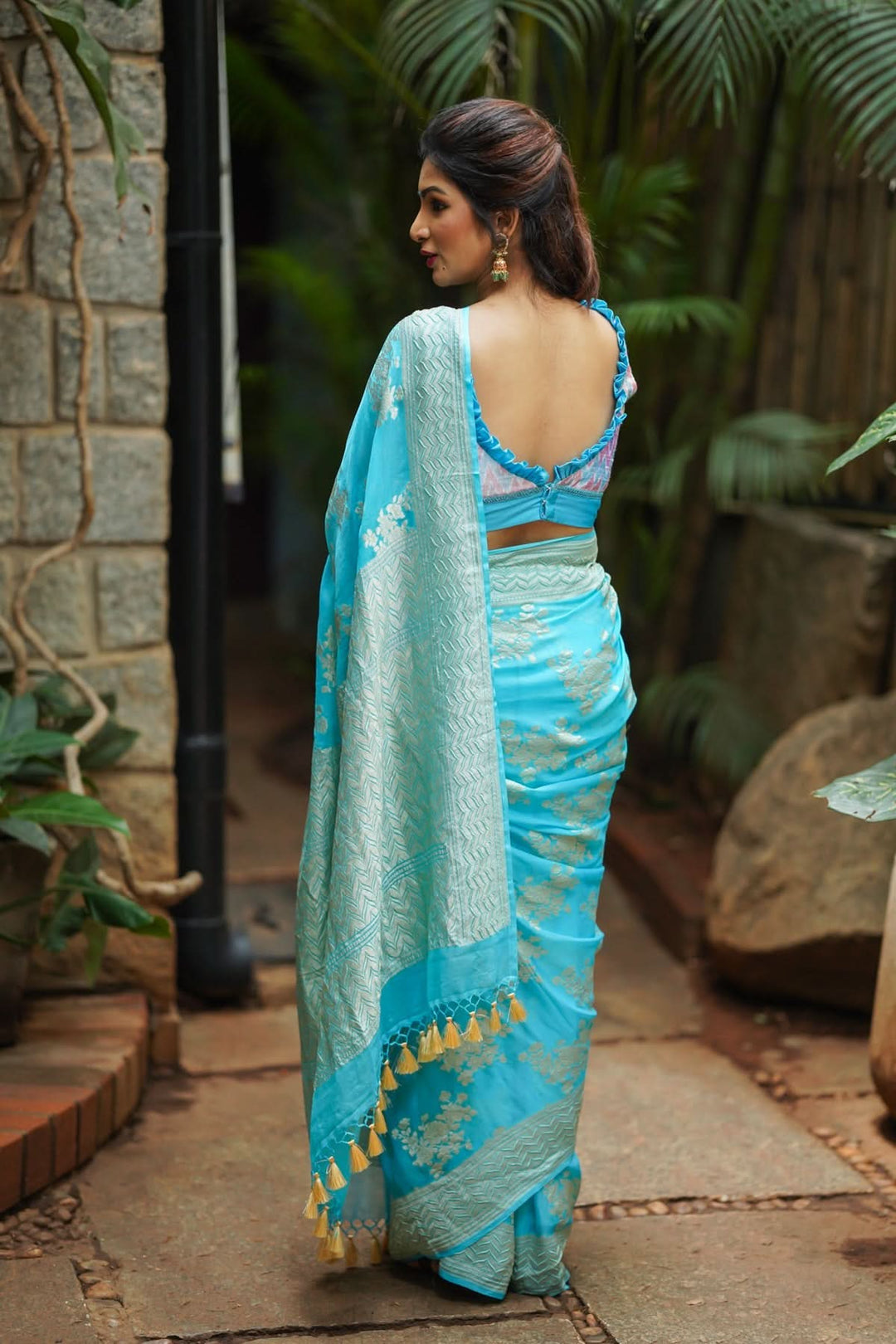 Pure Georgette Silk Banarasi Saree In Blue  with rose Jaal Weave in Silver Tone Zari | SILK MARK CERTIFIED