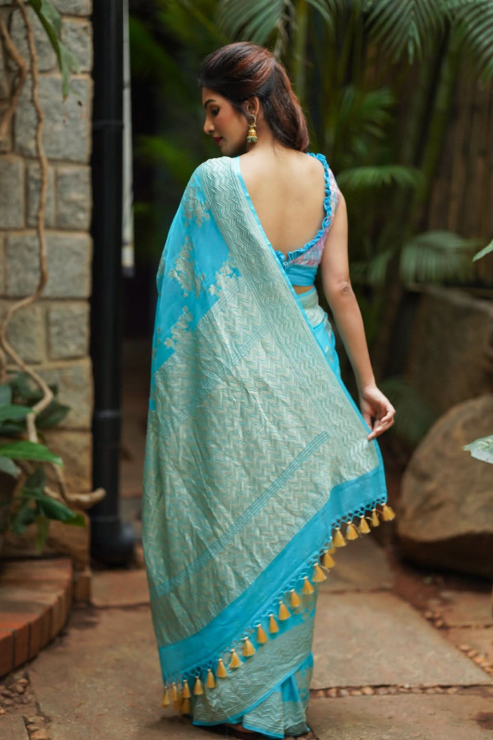 Pure Georgette Silk Banarasi Saree In Blue  with rose Jaal Weave in Silver Tone Zari | SILK MARK CERTIFIED