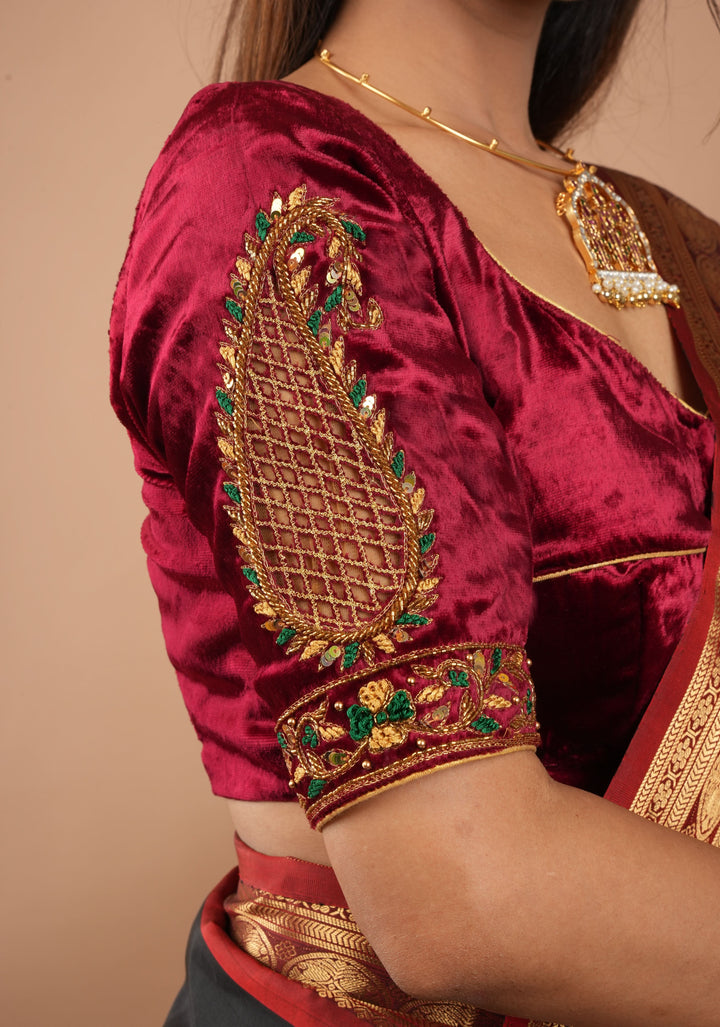 Exquisite Maroon Velvet Blouse with Handmade Cutwork and Zardosi and Meenakari, Customizable, Made to Order