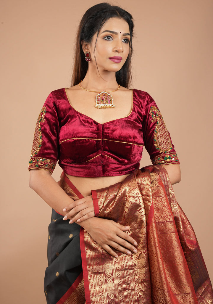 Exquisite Maroon Velvet Blouse with Handmade Cutwork and Zardosi and Meenakari, Customizable, Made to Order