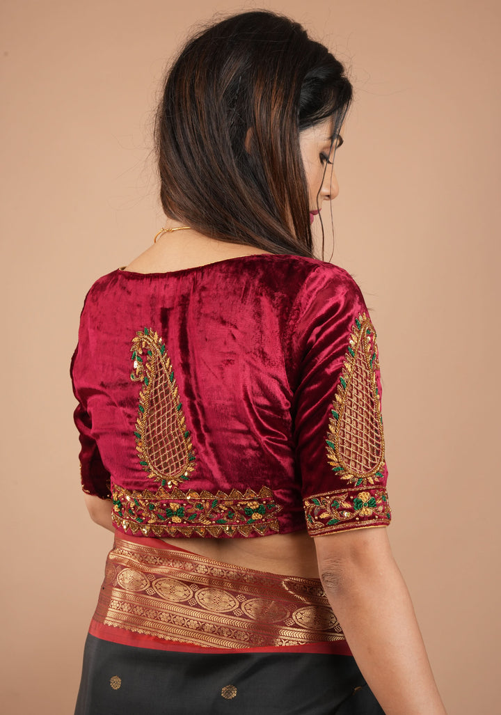 Exquisite Maroon Velvet Blouse with Handmade Cutwork and Zardosi and Meenakari, Customizable, Made to Order