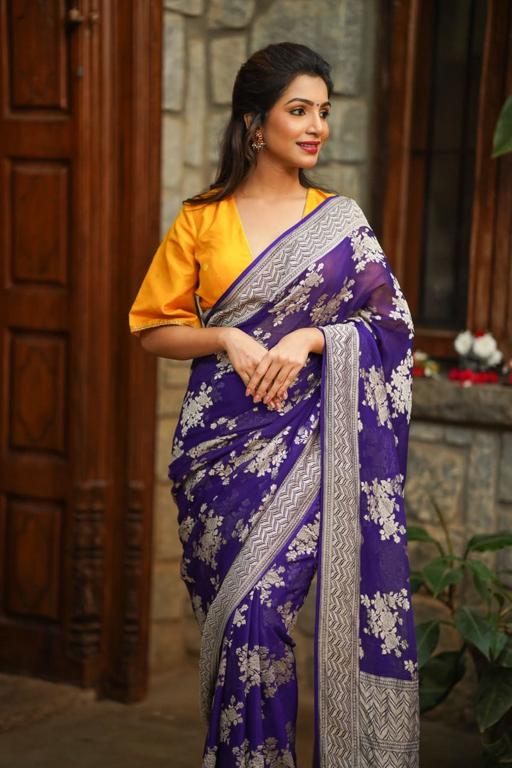 Pure Georgette Silk Banarasi Saree in Purple  with Floral Jaal Weave in Silver Tone Zari | SILK MARK CERTIFIED