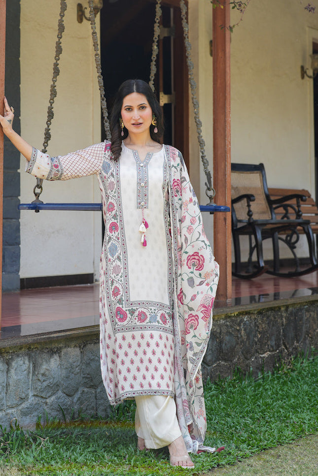 Off White Jaipur Bagh Muslin Suit Set- SET OF-3 | SHOBITAM