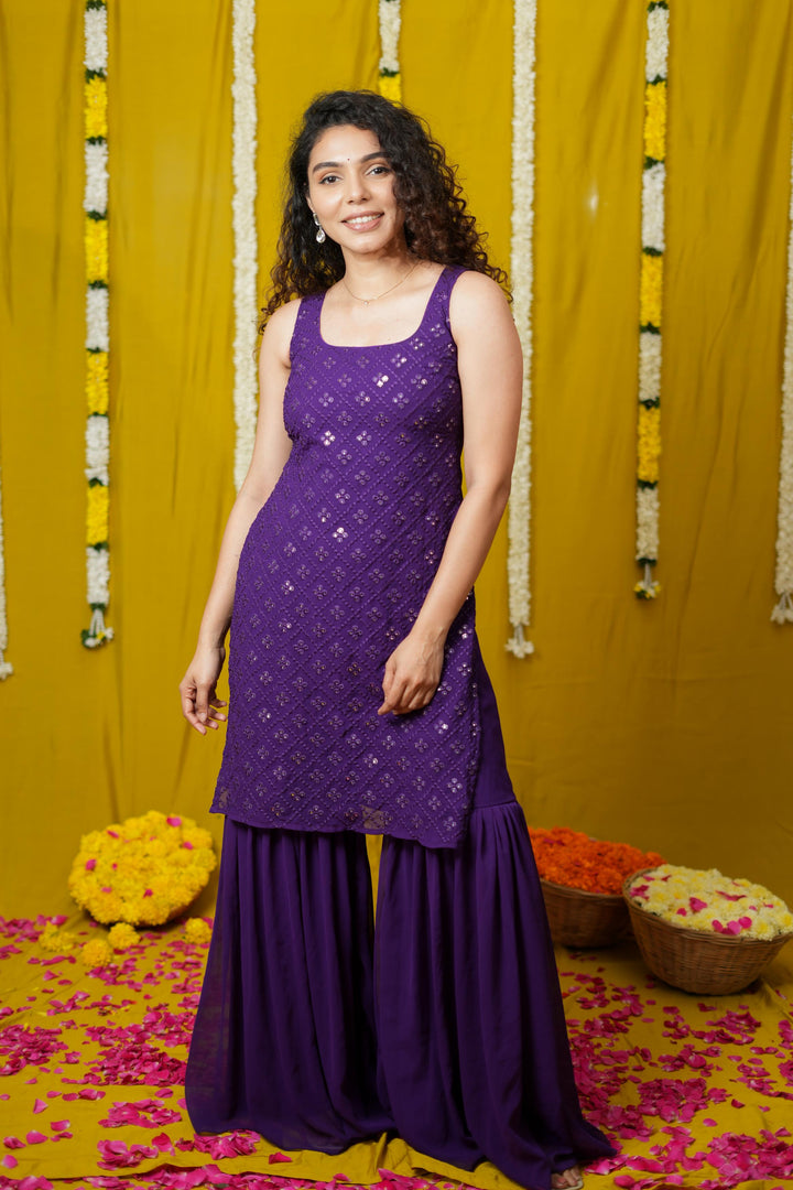 Isai Violet Kurti with Sharara Set | Made To Order