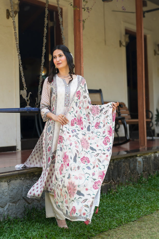 Off White Jaipur Bagh Muslin Suit Set- SET OF-3 | SHOBITAM