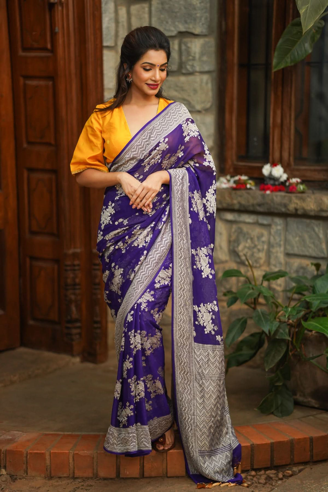 Pure Georgette Silk Banarasi Saree in Purple  with Floral Jaal Weave in Silver Tone Zari | SILK MARK CERTIFIED