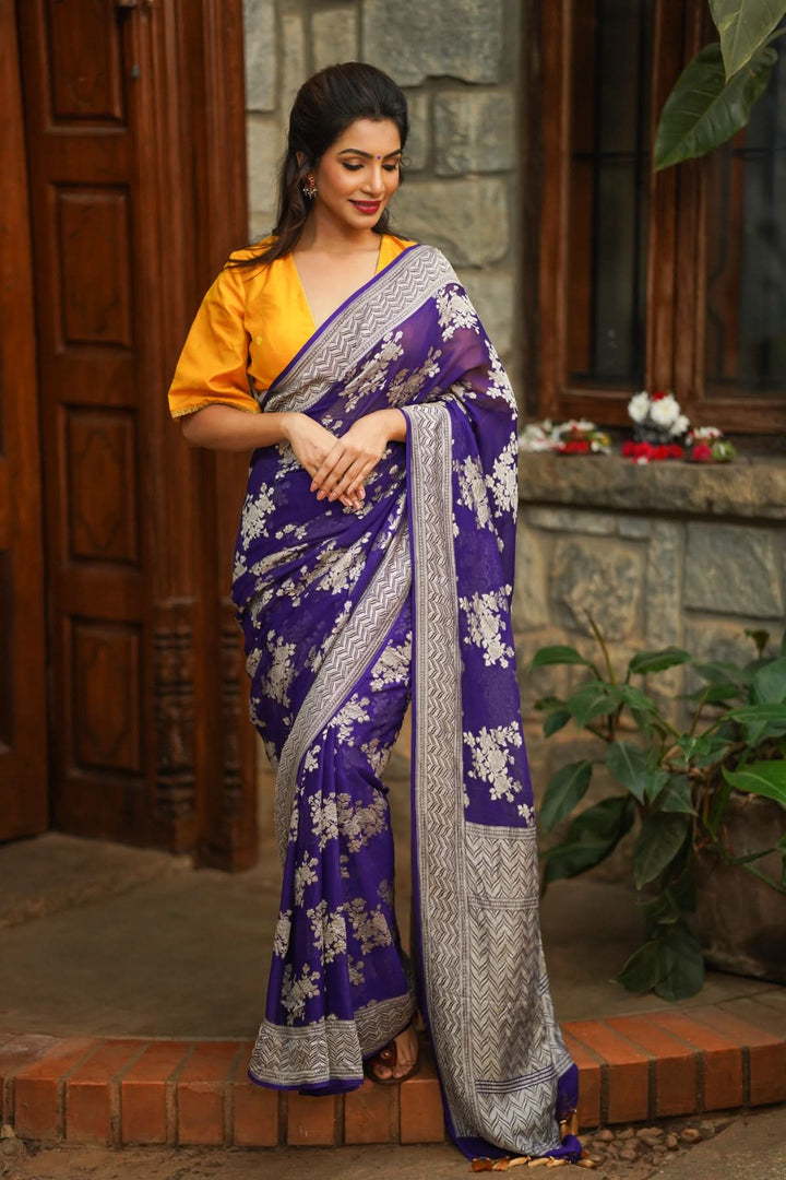 Pure Georgette Silk Banarasi Saree in Purple  with Floral Jaal Weave in Silver Tone Zari | SILK MARK CERTIFIED