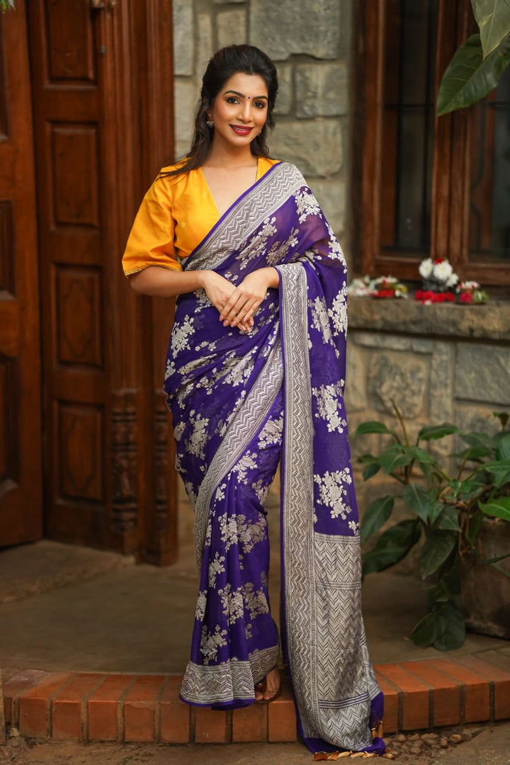 Pure Georgette Silk Banarasi Saree in Purple  with Floral Jaal Weave in Silver Tone Zari | SILK MARK CERTIFIED