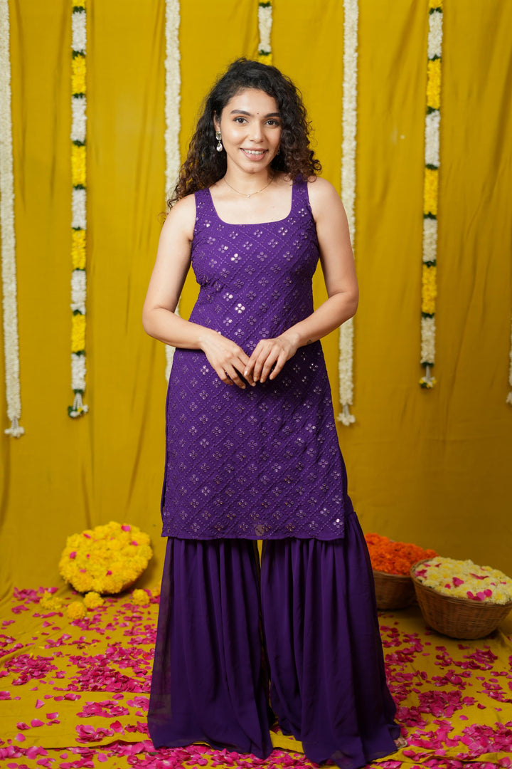 Isai Violet Kurti with Sharara Set | Made To Order