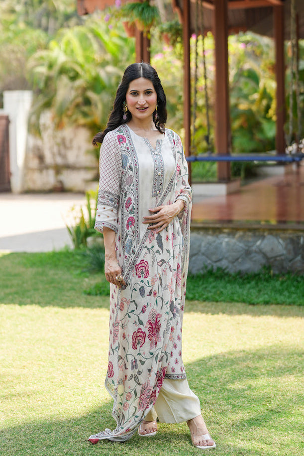 Off White Jaipur Bagh Muslin Suit Set- SET OF-3 | SHOBITAM