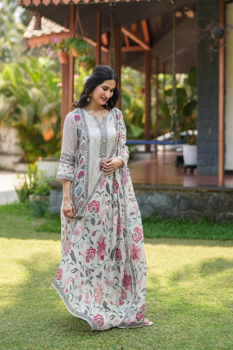Off White Jaipur Bagh Muslin Suit Set- SET OF-3 | SHOBITAM