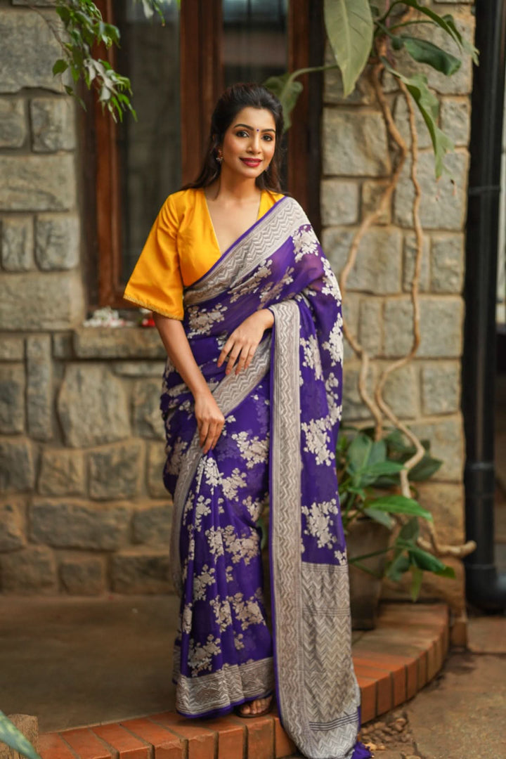 Pure Georgette Silk Banarasi Saree in Purple  with Floral Jaal Weave in Silver Tone Zari | SILK MARK CERTIFIED