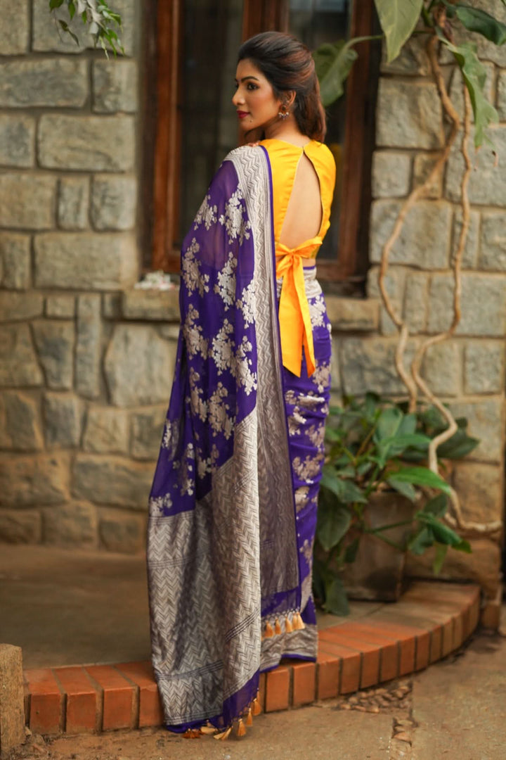 Pure Georgette Silk Banarasi Saree in Purple  with Floral Jaal Weave in Silver Tone Zari | SILK MARK CERTIFIED