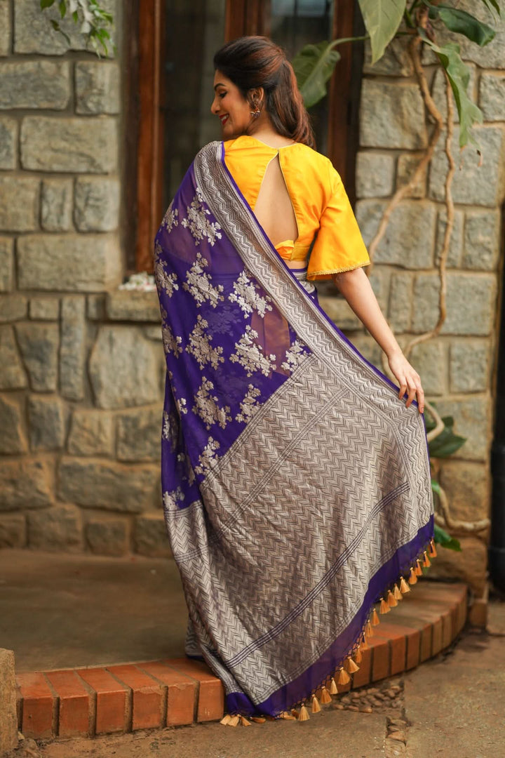 Pure Georgette Silk Banarasi Saree in Purple  with Floral Jaal Weave in Silver Tone Zari | SILK MARK CERTIFIED