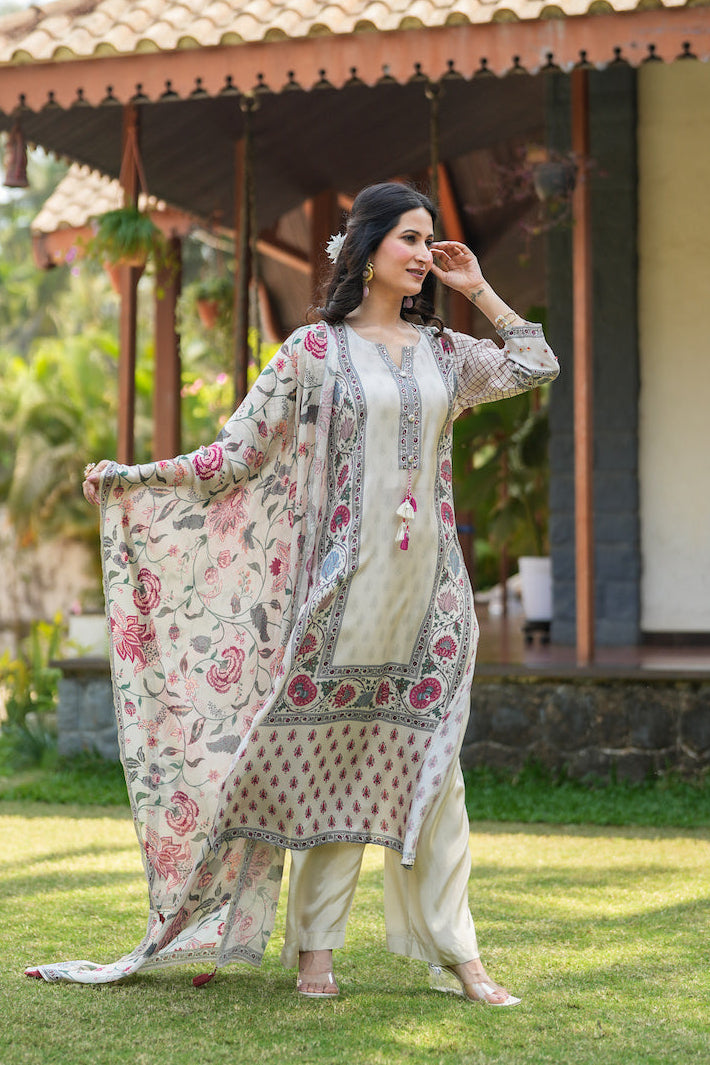 Off White Jaipur Bagh Muslin Suit Set- SET OF-3 | SHOBITAM