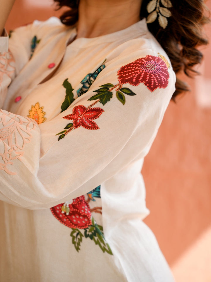 White Placement Floral Print with Red and Yellow Beads Kurta Set- SET OF-2 | SHOBITAM