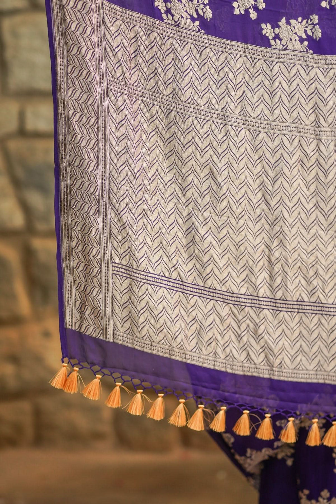 Pure Georgette Silk Banarasi Saree in Purple  with Floral Jaal Weave in Silver Tone Zari | SILK MARK CERTIFIED