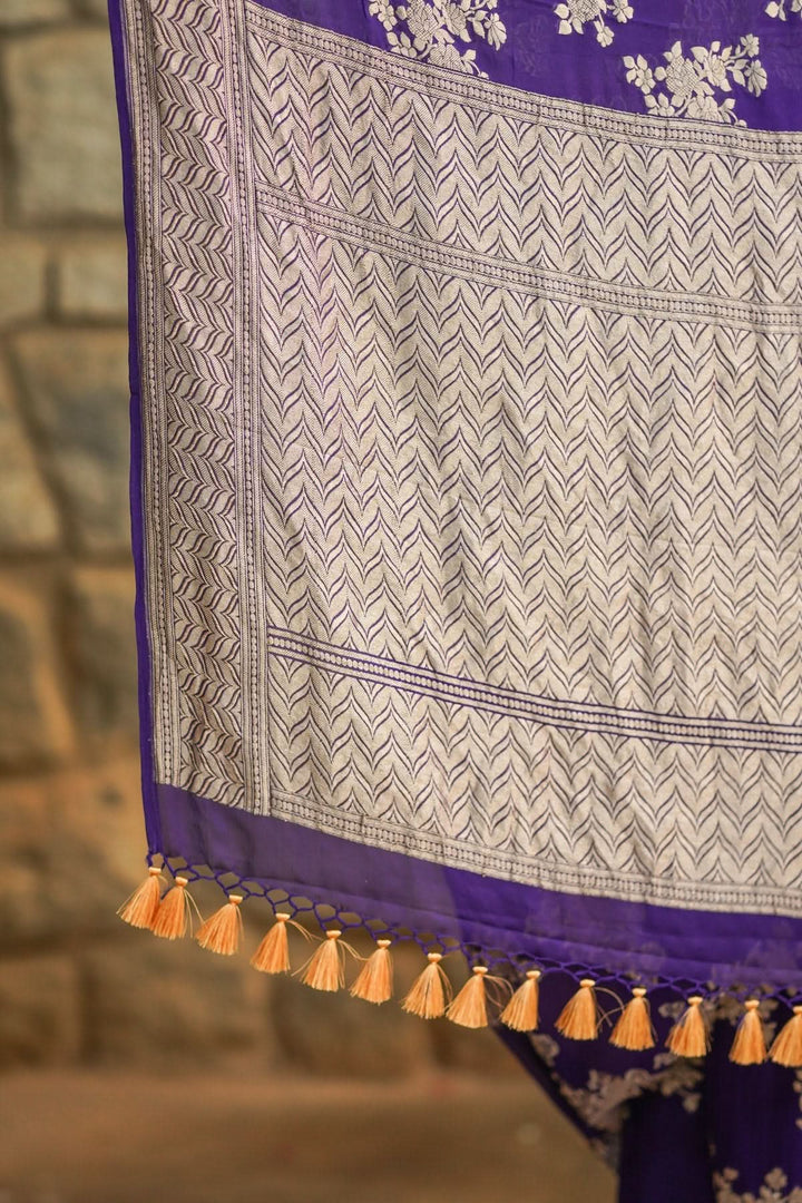 Pure Georgette Silk Banarasi Saree in Purple  with Floral Jaal Weave in Silver Tone Zari | SILK MARK CERTIFIED