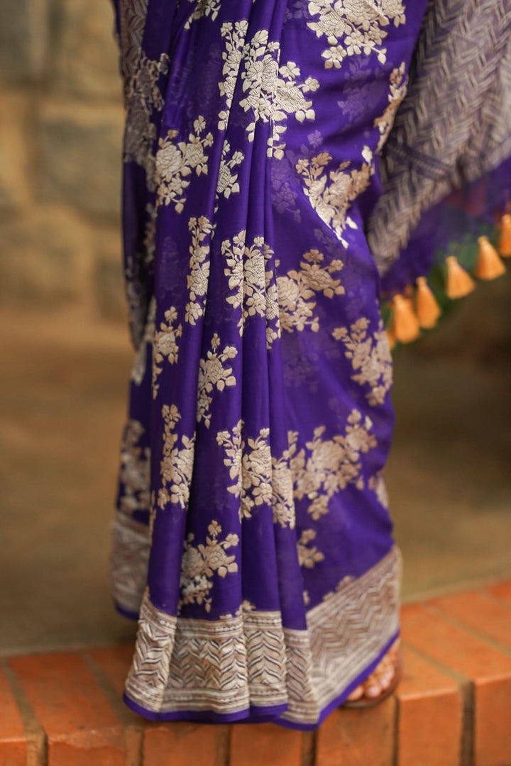 Pure Georgette Silk Banarasi Saree in Purple  with Floral Jaal Weave in Silver Tone Zari | SILK MARK CERTIFIED