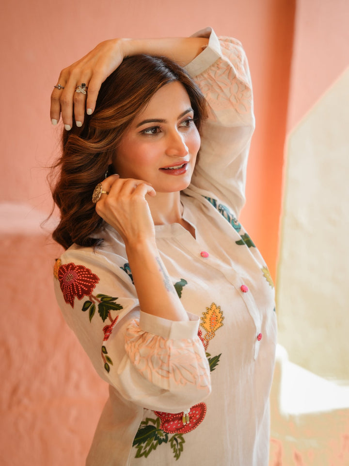White Placement Floral Print with Red and Yellow Beads Kurta Set- SET OF-2 | SHOBITAM