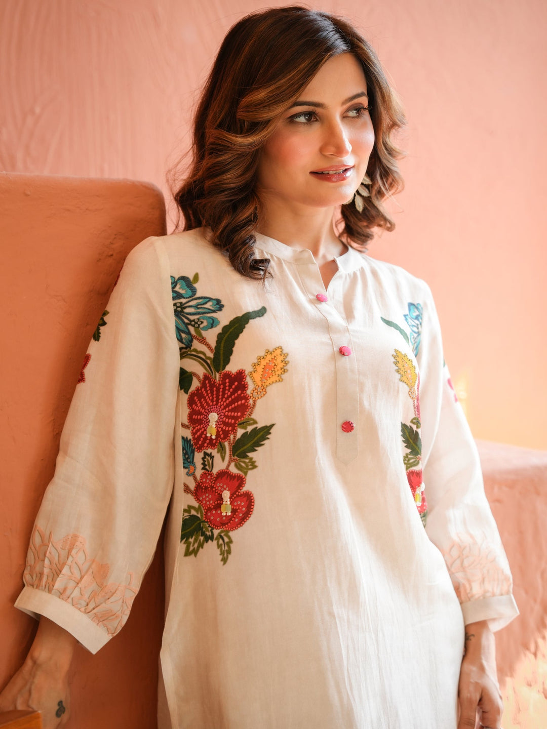 White Placement Floral Print with Red and Yellow Beads Kurta Set- SET OF-2 | SHOBITAM