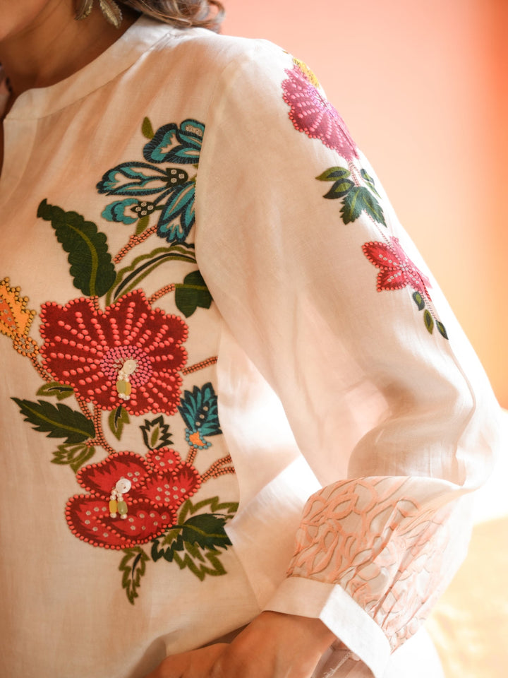 White Placement Floral Print with Red and Yellow Beads Kurta Set- SET OF-2 | SHOBITAM