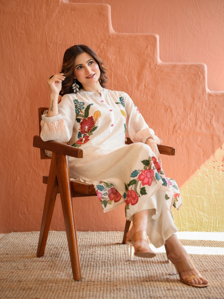 White Placement Floral Print with Red and Yellow Beads Kurta Set- SET OF-2 | SHOBITAM
