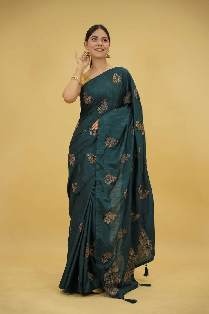 Dark Teal Borderless Soft Silk with Intricate Zari Woven Motifs Ready To Wear Saree